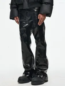 Herenbroek Zwart gecoat Glanzend Lakleer Micro-lapped Jeans Japanse streetwear tactisch