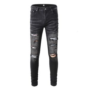 Pantalones para hombres Negro desgastado Slim Fit Streetwear Estilo Colorido Pañuelo Patchwork Flaco Estiramiento Agujeros High Street Jeans rasgados 230328