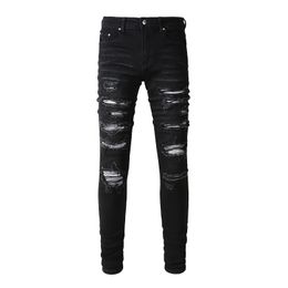 Herenbroek Zwart Dired Streetwear Style Tie Dye Bandana Ribs Patch Skinny Stretch Holes Slim Fit High Street gescheurde jeans 230328