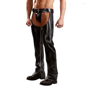 Pantalones de hombre, pantalones negros góticos para hombre, pantalones brillantes de piel sintética ajustados para club nocturno, puesta en escena, cantantes, bailarín, frente abierto para hombre