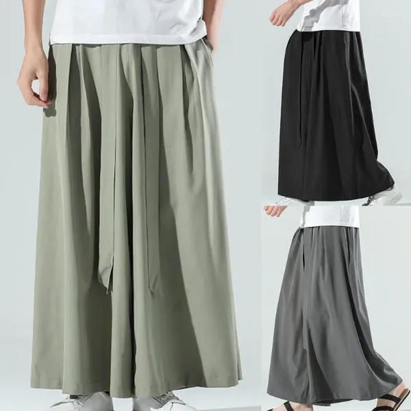 Pantalones para hombres Seda de hielo negro Hakama Kung Fu con un kimono Wushu de fondo ancho Algodón chino para hombre para estilo oriental Gris