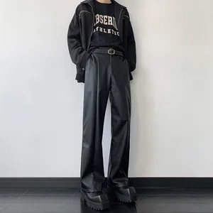 Pantalones para hombres de cuero negro hombres moda casual recto streetwear coreano hip-hop suelto motocicleta pantalones para hombre S-2XL