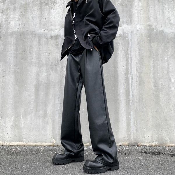 Pantalones para hombres de cuero negro hombres moda casual recto streetwear coreano suelto pierna ancha para hombre pantalones de motocicleta S-2XL
