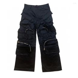 Pantalon pour hommes Nylon noir Multi Pocket Zipper Cargo Hommes Femmes Adhésif Pressé Pantalon à jambe droite Y2K
