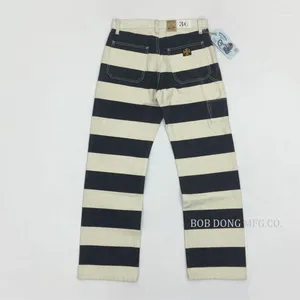 Pantalon Homme Bob Dong Homme Vintage16oz Prison Multi-poches Moto Noir Et Blanc Rayé Amekaji Rétro Décontracté