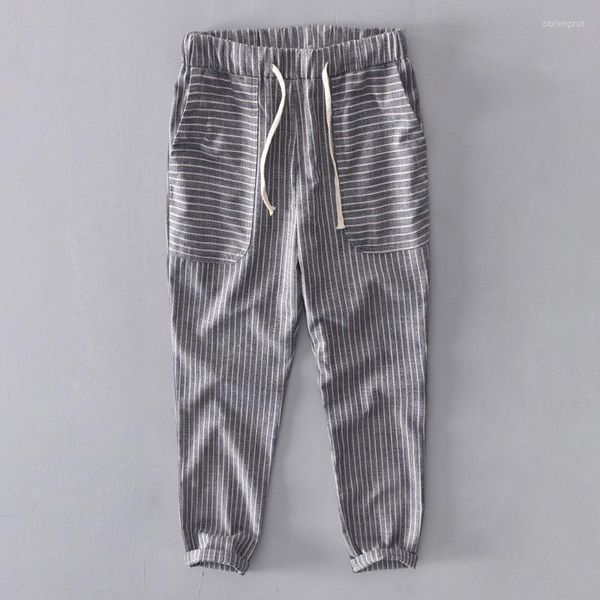 Pantalones para hombres Marca casual de calidad de verano Men rayas lino de algod￳n a rayas pantalones transpirables macho jogger jogger pantanos de ch￡ndal