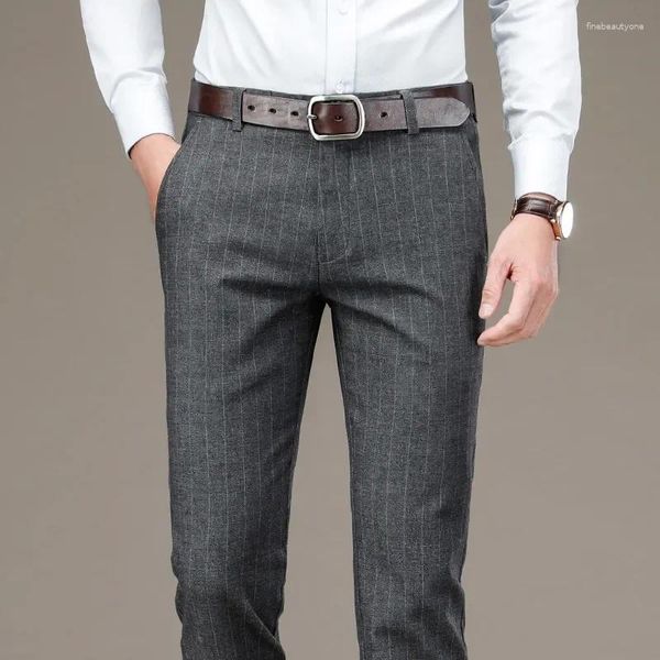 Pantalones para hombres Ropa de marca Traje de patrón de rayas de alta calidad Hombres Negocios Estiramiento Gris Azul Negro Pantalones de trabajo formales Masculino