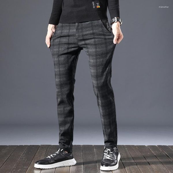 Pantalons pour hommes marque haute qualité hiver polaire chaud peluches épais hommes droite élastique Plaid rayure coton noir pantalon mâle