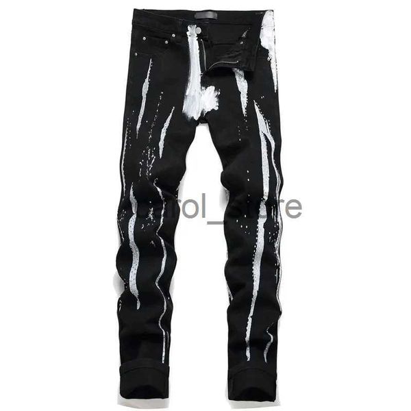 Pantalons pour hommes Jeans de marque Jeans Skinny diamant pour hommes motif à rayures de peinture blanche noir Slim Stretch petits pieds Jeans mode Streetwear homme J231208