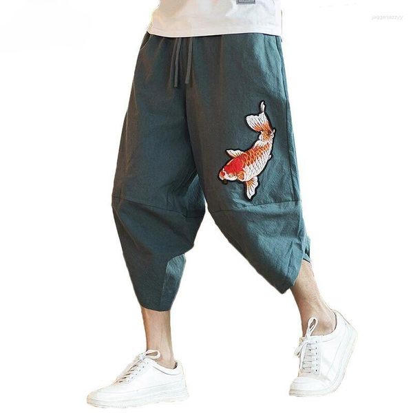 Pantalons pour hommes marque ample recadrée Style japonais et coréen 2023 été mode calmar broderie grande taille Harem