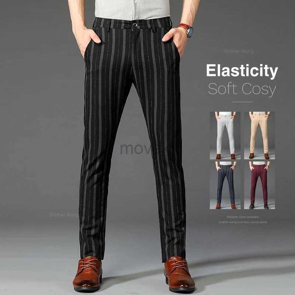 Pantalones para hombres Marca para hombre Pantalones casuales de rayas Spring Customófono de negocios elásticos Slim Straight British Fashion Pantalers Black Caki Vino Rojo D240425