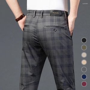 Pantalon homme marque rayure Plaid décontracté hommes coton quatre saisons haute qualité pantalon d'affaires mince gris foncé pantalon droit