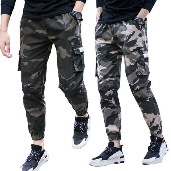 Pantalones de hombre Transpirable Camo Hombres Delgado Multi-bolsillo Tobillo Corbata Cintura elástica Recto Cargo Pantalones Casual Tallas grandes X0611