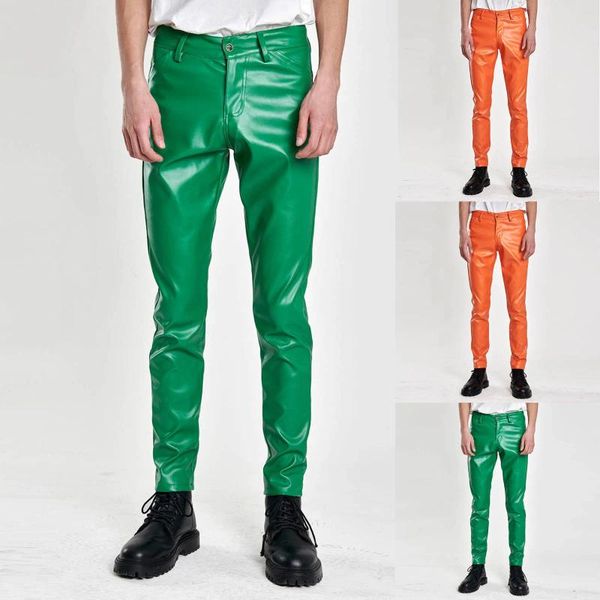 Pantalon pour hommes Biker Green Cuir Fashion Slim Stretch Pu Red Blue Black Black Gris Gris Pant Plus taille