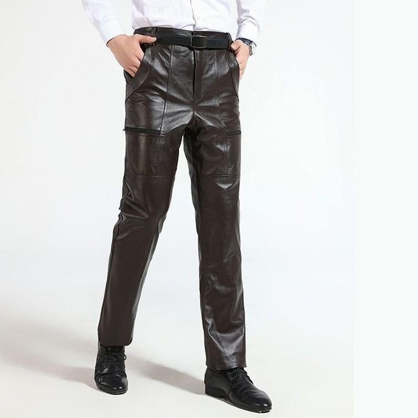 Pantalon masculin brun homme luxe cowskin réel pantalon en cuir plus taille de taille glissière vache à glissière de vache moto