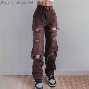 Pantalons pour hommes Jeans déchirés marron femmes vêtements de rue rétro extrêmes jeans femmes trous hip-hop jeans taille haute à la mode pantalon droit Z230819