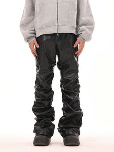 Pantalon pour hommes BTSG niche hip-hop plissé noir pantalon en cuir PU avec une sensation haut de gamme pantalon coupe slim hip-hop