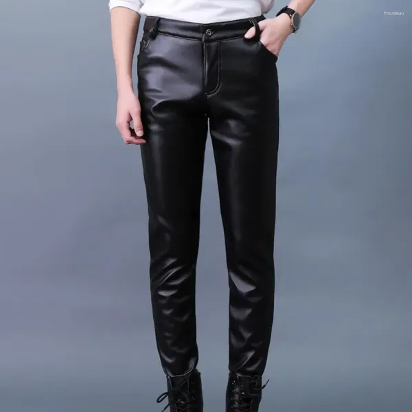 Pantalon pour hommes bouton de fermeture éclair zip slim fit cuir en cuir avec poches pantalon à la taille moyenne respirante douce pour Motocycle
