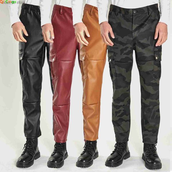 Pantalons pour hommes Pantalon en cuir décontracté de camouflage Pantalon en cuir de motard noir pour homme coupe-vent imperméable sale multi-poches pantalon en polyuréthane décoratif T240108