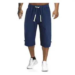 Pantalons pour hommes Capri été casual lâche couleur unie coton lin cordon taille élastique droite plage