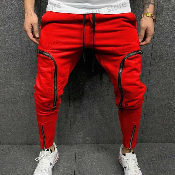 Pantalons pour hommes Pantalons cargo hommes mode couleur unie cordon décontracté multi fermetures à glissière poches pantalon style hip hop hommes sarouel strtwear T240326