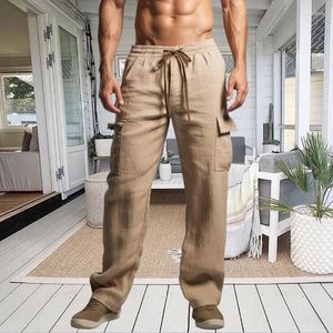 Pantalon Cargo pour hommes, couleur unie, en coton et lin, ample, décontracté, multi-poches, cordon de serrage, Fitness, survêtement d'extérieur