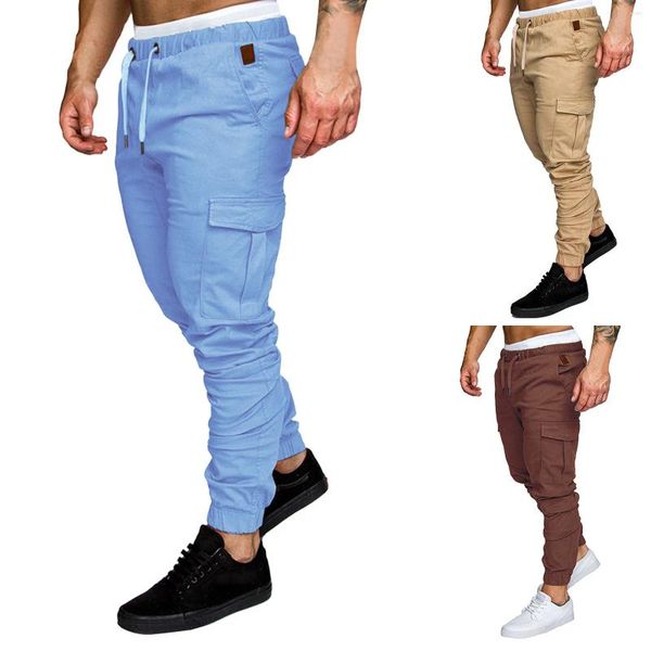 Pantalon Cargo pour hommes, couleur unie, multi-poches, décontracté, quatre saisons, cordon de serrage, taille élastique, grande taille, Leggings Slim