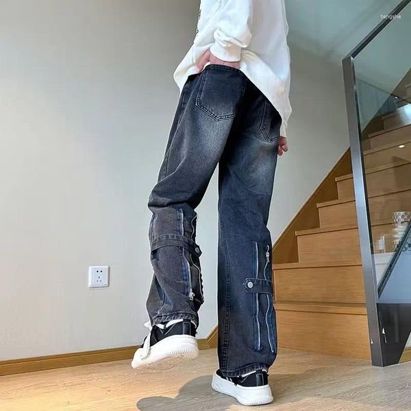 Pantalones para hombres casuales todos los jeans de diseño de la cremallera de la pierna del mechón de la pierna del tubo del tubo holgado de Hong Kong de estilo retro.