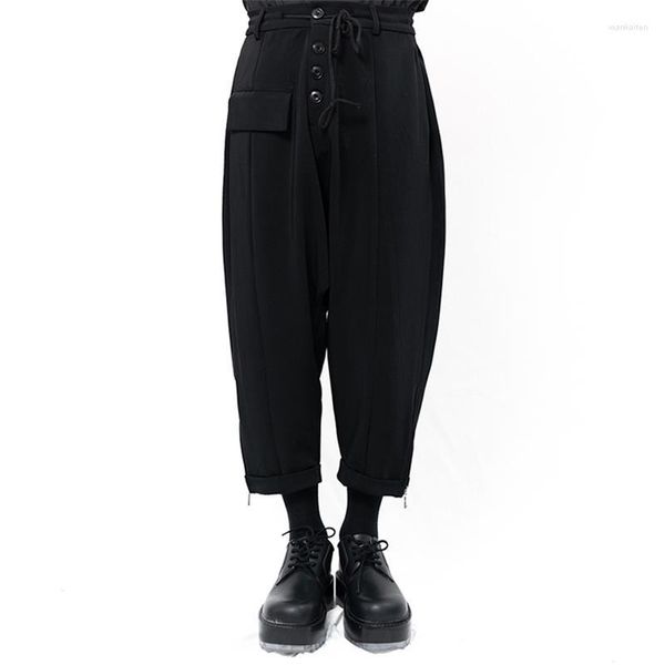 Pantalones de hombre Casual Capris Negro Slim Fit Primavera y otoño Tapeta con botones Dobladillo clásico Cremallera Decoración Moda