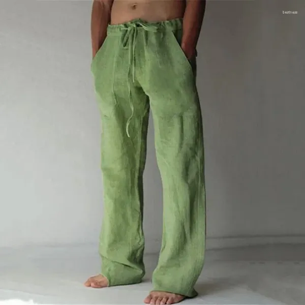 Pantalones de Hombre Casual Algodón Lino Color Sólido Ropa Diaria Pantalones Sueltos Suaves Pantalones de Chándal con Cordón Hombres Pierna Ancha