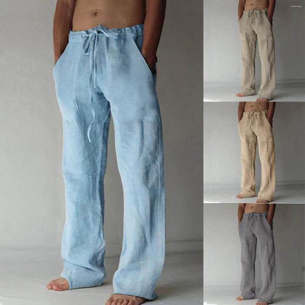 Pantalon pour hommes décontracté quotidien ample coton lin couleur unie avec cordon de serrage à la taille en plein air maison
