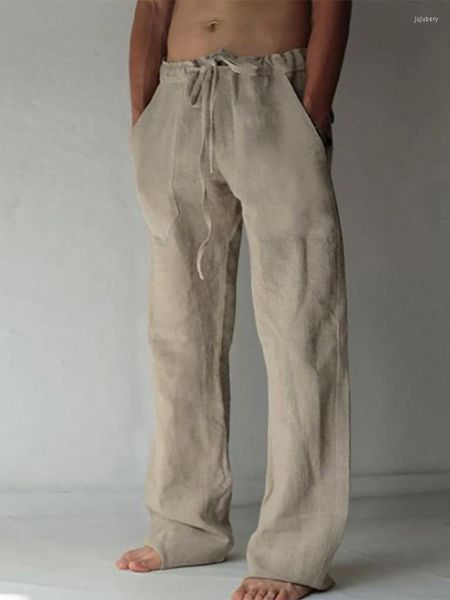 Pantalones informales con cordón para hombre, holgados a media cintura, para primavera y verano, Vintage, de algodón y lino, rectos, a la moda