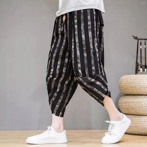 Pantalon pour hommes décontracté plage en vrac capri lin harlan rayé légèrement pantalon de la taille élastique légère douce douce