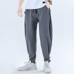 Pantalon homme décontracté ample rayé recadrée bel été Hip Hop Streetwear taille élastique Style chinois coton lin