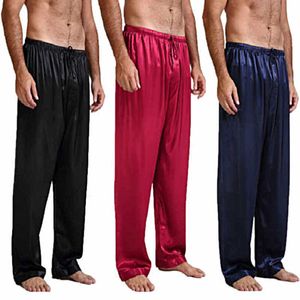 Herenbroek Casual Men Pants Losse zijde Nachtwear Solid kleur Gladde platte broek Casual Summer Strandbroek Dunne heren pyjama Sleep shorts Z0225