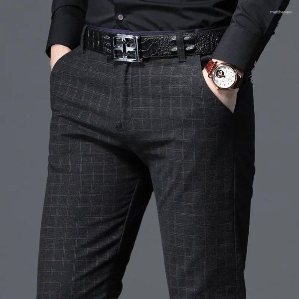 Pantalones para hombre Casual Plaid Business Slim Fit Negro Azul Estilo clásico Pantalones elásticos Ropa de marca masculina