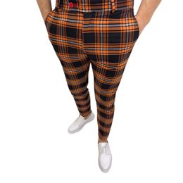 Pantalon pour hommes à plaid décontracté imprimé skinny crayon zipper pantalon de taille élastique vestiment