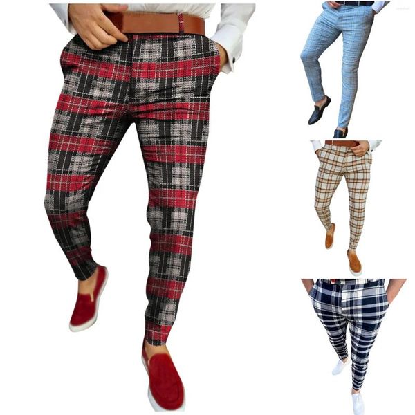 Pantalon pour hommes à plaid décontracté à plaids skinny zipper taise élastique surdimensionne pantalon de streetwear vêtements pour hommes