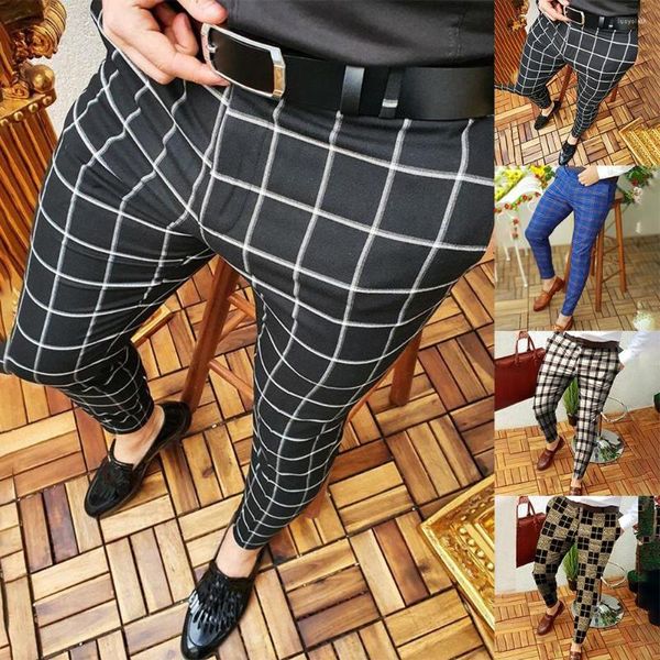 Pantalones de hombre Casual dibujo a cuadros lápiz flaco cremallera cintura elástica Social de gran tamaño pantalones de traje de negocios masculino