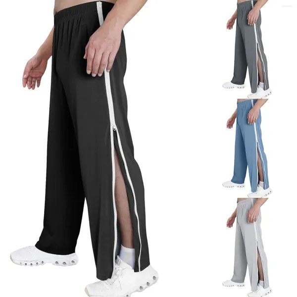 Pantalones para hombres Casual Deportes Algodón Baloncesto Dos botones Cremallera lateral Totalmente recortada con bolsillo Cintura elástica Pantalones sueltos