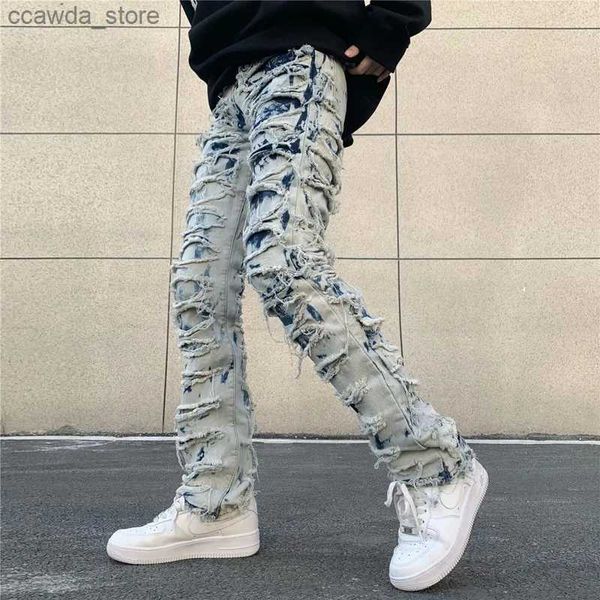 Pantalones para hombres Casual Tie Dye Jeans Hombres y mujeres Pantalones rectos Streetwear Agujero rasgado Lavado Baggy Harajuku Pantalones de mezclilla Q240104