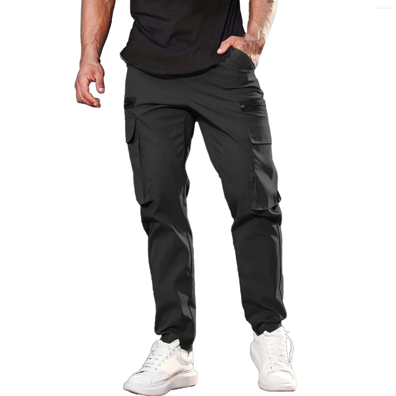 Pantalon pour hommes, taille décontractée, multi-poches, couleur unie, fermeture éclair, travail, petite maison, bande H 9 10