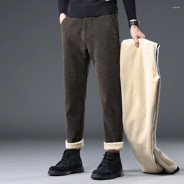 Pantalones para hombres Tela de chenilla Invierno Fleece Cálido Hombres Negocios Color Sólido Desgaste Coreano Marrón Gris Trabajo Flocado Pantalones Casuales Masculino