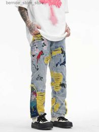 Pantalon pour hommes Peinture chinoise Patch brodé Denim Jeans déchirés pour hommes Streetwear lavé détruit glands plissés Jean droit mâle Q231201