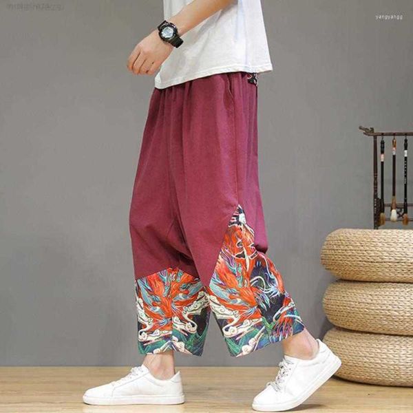 Pantalones de hombre Estilo chino Algodón y lino Pantalones informales con estampado de dragón Primavera Verano Plus Pequeño Patchwork Harem Joggingzt2u