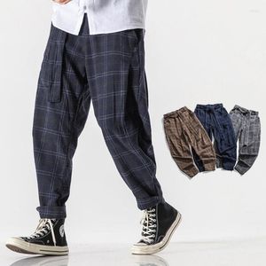 Herenbroek Chinese stijl mode riem plaid casual losse plus size flodderige broek rechten mannen kleding streetwear man