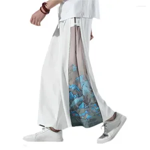 Herenbroeken Chinese stijl bedrukt patroon zijpatchwork 2024 zomer mannen brede poot casual polyester enkel lengte broek los