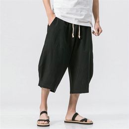 Pantalons pour hommes Style chinois été lin pantalon à jambes larges homme entrejambe HipHop homme Joggers mollet longueur piste pantalon 220827