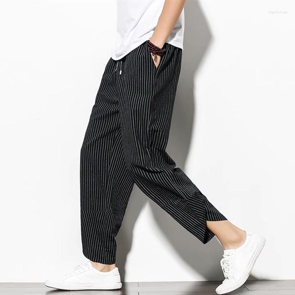 Pantalones de hombre estilo chino verano algodón rayado Lino pierna ancha Casual pantalones bombachos Harem de gran tamaño ropa masculina