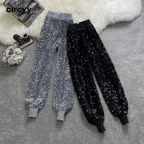 Pantalones para hombres Circyy Lentejuelas Pantalones Mujeres Moda 2023 Otoño Cintura Elástica Brillante Harem Pantalón High Street Solid Bloomers Streetwear Pantalones sueltos YQ231204